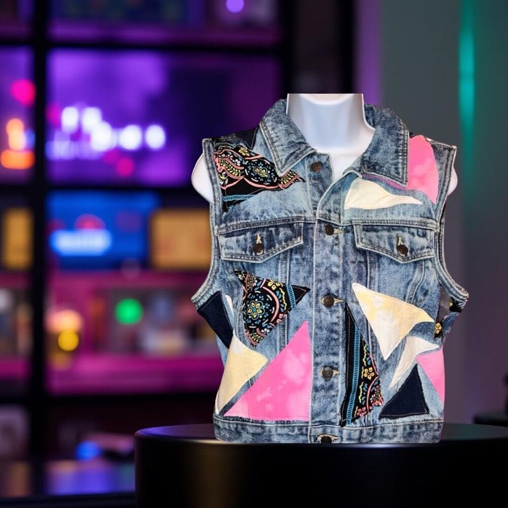 Vintage Greatland Patchwork Jean Jacket Vest Size… - image 1